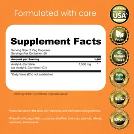 NaturaLife Labs Acetyl L-Carnitine (ALCAR) 1500 mg per Serving – 100 Capsules – Non-GMO, Gluten-Free, Vegan