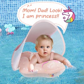 ANSTEN Baby Swimming Ring with Sun Canopy, Inflatable Baby Float, Swimming Ring, Swimming Hoop Baby with Inflatable Swimming Buoy, Swimming Aid Toy, Baby Swimming Ring from 6 Months to 72 Months, Pink