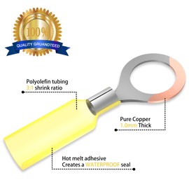 Sanuke 12-10 AWG - #8 Heat Shrink Ring Terminals Tinned-Copper Marine Grade Waterproof Heat Shrink Wire Connectors Yellow 50pcs