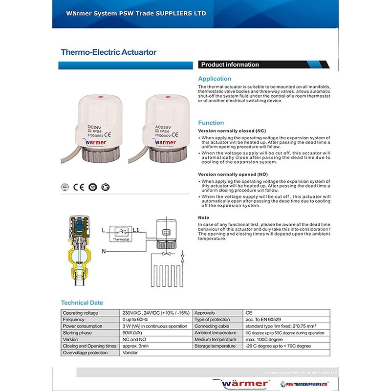 Wärmer System Thermal Actuator 230V for Underfloor Heating Manifold Normaly
