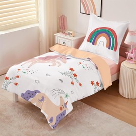 CINYE Children's Girls Kawaii Unicorn Bed Linen 140 x 200 cm Reversible Bed Linen with 65 x 65 cm Pillowcase 3D Printed Flowers Rainbow Pattern 100% Microfibre Colourful Bed Linen with Zip