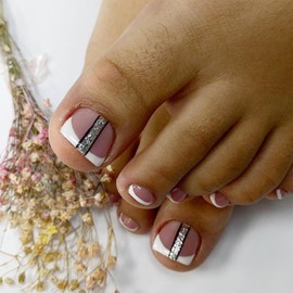 24Pcs Square False Toenail Short French White Tip Press on Toenails Acrylic Stick on Toenails with Black Lines Design Full Cover Glossy Artificial Fake Toe Nails for Women Girls Nail Art Decorations