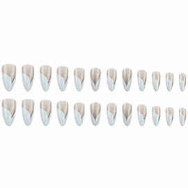 MISUD Press on Nails Medium Almond Fake Nails Glossy Glue on Nails White Fishtail French Tip Acrylic Nails Stiletto Artificial Nails Bling Glitter Stick on False Nails with Design 24 pcs