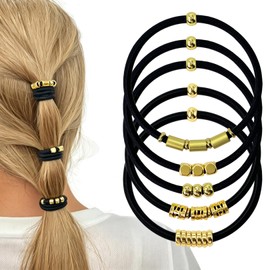Black Hair Tie Bracelets for Women, Elastic No Damage Ponytail Holders with Decorative Metal Beads Stylish Wrist Pony Tail Ties for Thick & Thin Hair Cute Fashion Accessories & Gifts for Girls Teens
