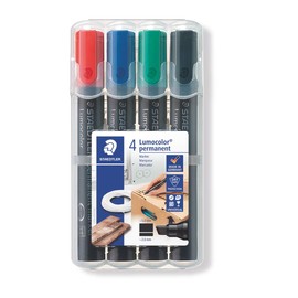Staedtler Lumocolor Permanent Marker, Broad Chisel Tip, Refillable, Box of 4 Assorted Color Markers (Red, Blue, Green, Black) 350 WP4