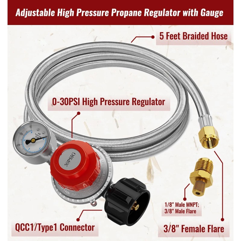 CALPOSE 5FT High Pressure Propane Regulator Hose with Gauge 0~30PSI