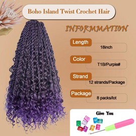 Purple Senegalese Twist Crochet Hair with Curls 8 Packs 18 Inch Pre-Twisted Boho Island Twist Crochet Braids Pre-Looped Goddess Senegalese Twist for Women Braiding Hair Extensions T1B/Purple#