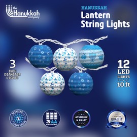 Happy Hanukkah LED Hanging Lanterns String Lights - Chanukah Decorations Paper Lanterns - 12 Blue & White Paper Lanterns with LED Lights - 10 ft Hanukkah Décor