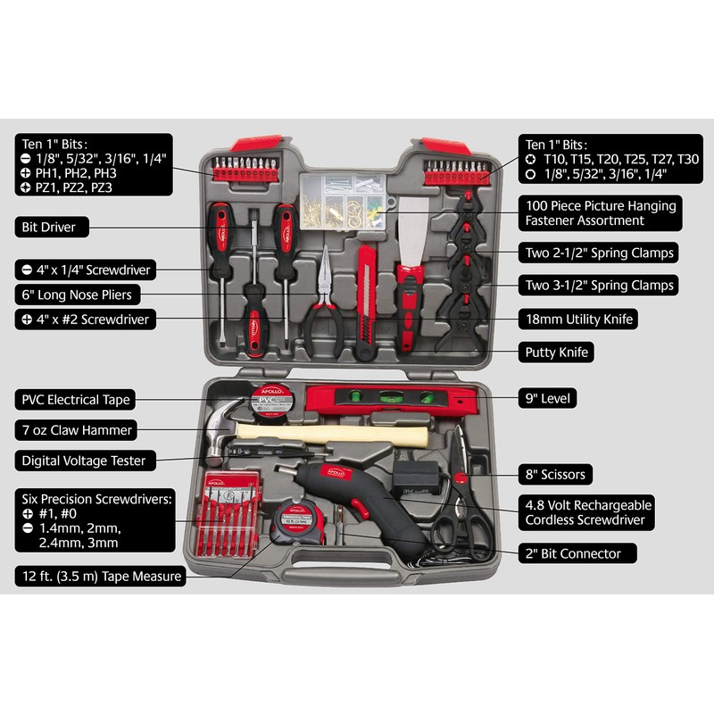 APOLLO TOOLS 144 Piece Household Tool Set With Powerful Cordless