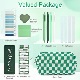 14 PCS Aesthetic Book Annotation Kit Large Checkered Pencil Case Book Lover Bookmark Dual Highlighters Gel Pens Study Supplies Stationary Set for Student Green