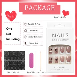 White French Tips Press on Nails Medium Length Square Fake Nails Black Heart Love Glue on Nails with Gold Lines Glitter Design Valentine's Day Nail Art Decorations Acrylic Stick on Nails for Women