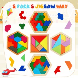 5 Pack Wooden Tangram Puzzle for Kids Wooden Hexagon Puzzle Block Teaser Geometric Shapes Tangram Games for Jigsaw 3D Logic IQ Game Gift(Geometry)
