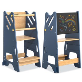 Toddler Standing Tower with Safty Rail & Non-Slip Pads,3 Height Adjustable Toddler Tower with Chalkboard, Great for Kitchen Activities, Hand Washing & Creative Play, Blue