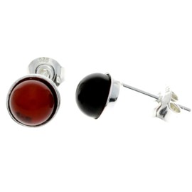 Genuine Cherry Baltic Amber set in 925 Sterling Silver Classic Studs Round Earrings - M647CH
