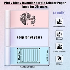 Phomemo Label Stickers, Thermal Labels, Label Printing Paper, Labels, Compatible with M03/M03AS/M04S/M04AS, Label Stickers, Great for New Year's Cards, Handbooks, Notebooks, Food Labels, Colors, 3