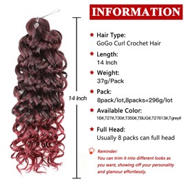 XTREND 8 Packs GoGo Curl Crochet Hair Red Burgundy Short Curly Crochet Hair for Women,Beach Curl Water Wave Crochet Hair,Deep Wave Braiding Synthetic Hair Extensions (14 Inch,TBUG)