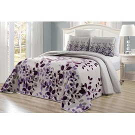 3-Piece Fine Printed Oversize (115" X 95") Fresca Quilt Set Reversible Bedspread Coverlet King Size Bed Cover (Purple, Grey, Vine)