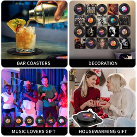 Funny Retro Record Coasters for Drinks with Vinyl Player Holder for Music Lovers,Set of 6 Conversation Piece Sayings Drink Coaster,Housewarming Hostess Wedding Registry Gift Ideas