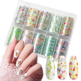 JERCLITY 10 Rolls Spring Flowers Nail Foil Transfer Sticker Kit Nail Foil Sheets Foil Nail Art Decals Flower Nail Foil Transfer Stickers Foil Nail Wraps for Foil Nail Art(Flower-3)