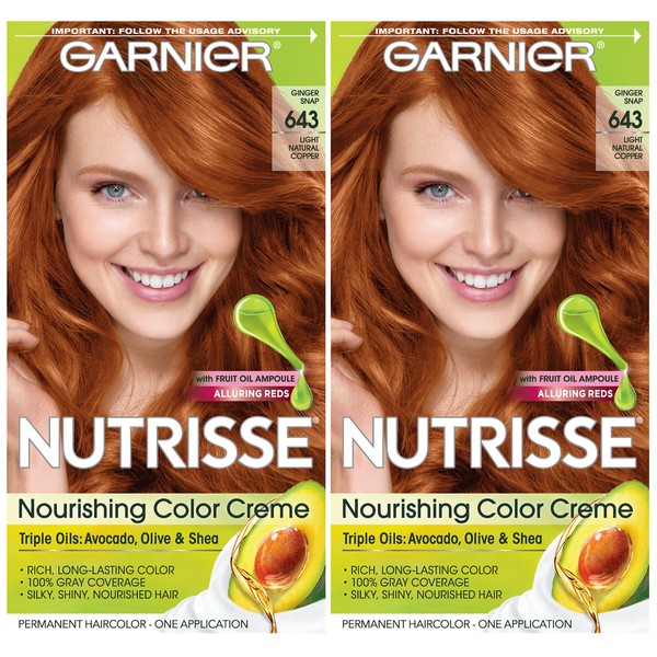 Garnier Hair Color Nutrisse Nourishing Creme, 643 Light Natural Copper (Ginger Snap) Permanent Hair Dye, 2 Count (Packaging May Vary)