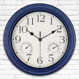 BEW Outdoor Clock for Patio Waterproof with Thermometer, 12 in Small Outdoor Wall Clocks Silent Battery Operated, Retro Indoor Outdoor Clock for Kitchen/Pool/Backyard/Lanai/Fence, Navy