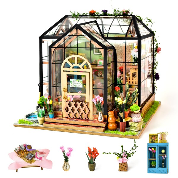 ZNCMRR DIY Miniature Dollhouse Wooden Set - 3D Wooden Puzzle Garden House with LED, Green Crafts, Mini Furniture Kit, Creative Birthday Gift for Women and Girls (Garden House)