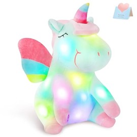 Athoinsu Light up Green Unicorn Stuffed Animal Soft Plush Toy with LED Colorful Night Lights Glowing Children's Day Birthday Valentine's Day for Toddler Kids Girls Women, 12''