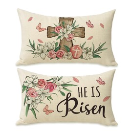 Fahrendom Christian Easter Cross Lumbar Decorative Rectangle Pillow Covers 12 x 20 Set of 2, Religious He is Risen Porch Outdoor Pillowcase, Spring Lily Rose Flowers Sofa Couch Cushion Case Home Decor