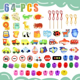 Threading Toys for 2 Year Olds, Threading thread Montessori Toys Toddlers Animals Transportation Wooden Fine Motor Skills Toy Toddler Threads Beads Educational Gifts for 1-2 Year Old Girls Boys Kids