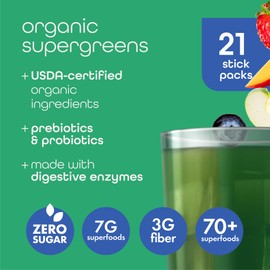 Zena Nutrition Organic Super Greens Powder Variety Pack, 70+ Superfoods, 0 Sugar, 3G Fiber, Spirulina, Chlorella, Antioxidants, Prebiotics/Probiotics, Digestive Enzymes, 21 Drink Mix Packets​