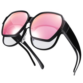 TINHAO Oversized Sunglasses Fit Over Glasses for Men Women, Polarized Square Sunglasses with UV400 Protection Lens(Black-Pink/Mirrored)