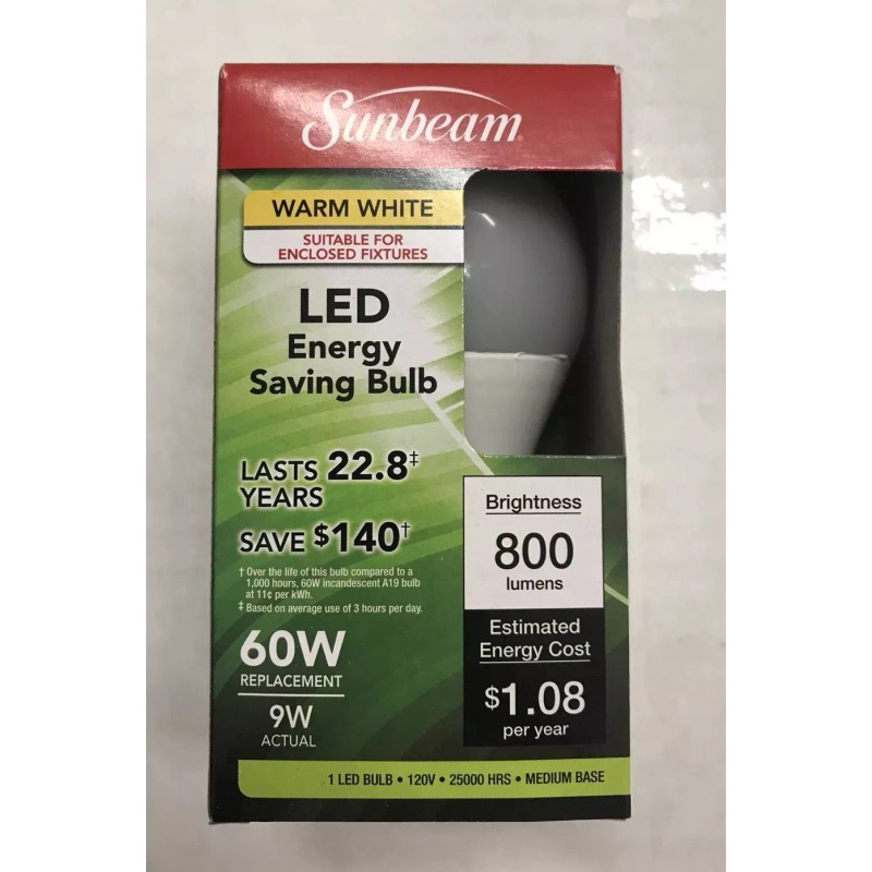 SUNBEAM 2 Pack Sunbeam LED Bulb Warm White A19 Medium