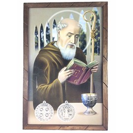 >San Benito Cuadro Religioso Con Marco De Madera Rustica 36"x24"x1"