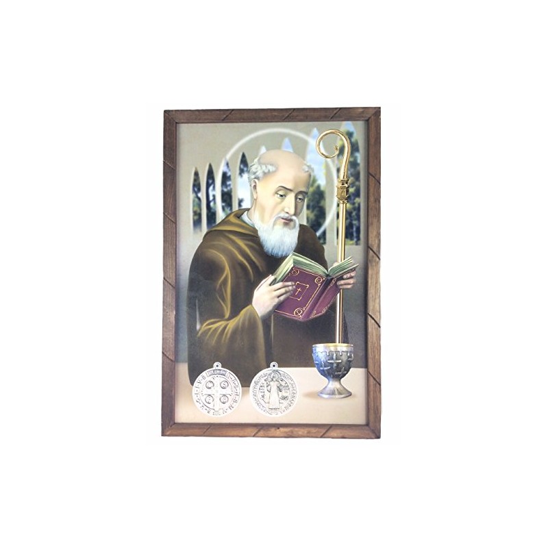 >San Benito Cuadro Religioso Con Marco De Madera Rustica 36"x24"x1"