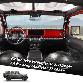 Jimen Fit for Jeep Wrangler JL JLU & Gladiator JT 2024-2025, 4PCS Center Console Dash Trim & Dashboard Cover Navigation Panel Interior Overlay (Red)