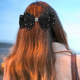 MADISON TYLER Silky Satin Black Hair Bows for Women | Bow Hair Clips French Barrettes with Rhinestone | Hair Accessories for Long Hair, Curly, Wavy, Fine, Thick | Gifts for Women
