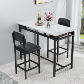 Faux Marble Table Set with 2 Upholstered Chairs, 3 Piece Bar Table Set with Multifunctional Shelves, Modern Dining Set for Save Space, Rustic Black