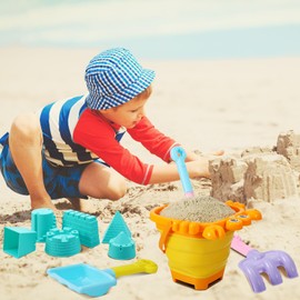 18 Pcs Kids Beach Toys Collapsible Bucket And Spade Set With Castle,Sea Animals Molds And Sand Shovels Mesh Bag For Kids Sand Tools