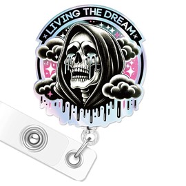 Funny Skeleton Badge Reel, Living The Dream Retractable Holder Glitter with Alligator Clip, Spooky Ghost Skull Badge Reels for Nursing Doctor Medical Work Office Accessories