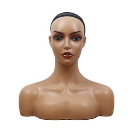 KimRuima 4pcs Realistic Wig Mannequin Head Wig Head with Shoulders Display Stands for Wig Hat Scarf Pendant Sunglasses Earrings (Ligth Brown with Red Lip and Visible Teeth)