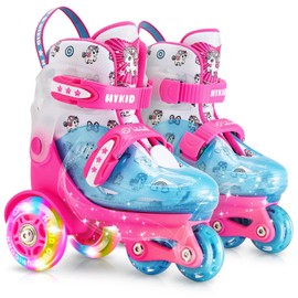 HYKID Toddler Roller Skates, 4 Adjustable Sizes, Fun Illuminating, Safety Three-Point Type, Breathable Upper, Beginners' Roller Skates for Girls Boys Kids (Unicorn Rose Pink, S-Small,12C-2Y)