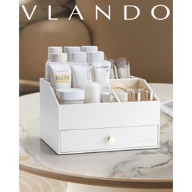 Vlando Makeup Organzier,Vanity Organizer with Drawers, PU Leather Skincare Organizer Perfume Organizer,Large Cosmetic Display Case for Lipstick,Brushes Gifts for Women-White