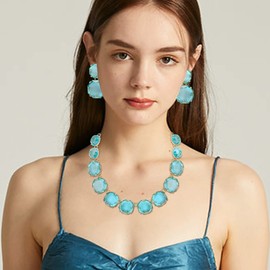Flyonce Light Blue Rhinestone Statement Choker Necklace Earrings Set, Round Crystal Bohemian Art Deco Costume Jewelry Set for Women Beaded Casual Dress