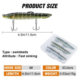 Matymats 6pc Pike Fishing Lures - Multi Jointed, Slow Sinking, 4.5" x 0.53oz
