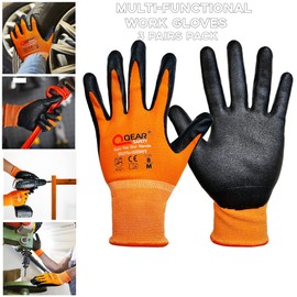 3 Pairs Nitrile Rubber Palm Coated Safety Work Gloves, Fine Knitted Bright Orange Color Liner, Oil/Greasy Resistance Palm, Multi-Purpose Wse, Mechanic Work, DIY, Construction, Gardening(7/S)