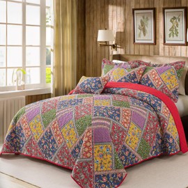 BEDIFANY Cotton King Quilt Set - Vintage Farmhouse Bedspread with Vibrant Floral Pattern, 3-Piece Lightweight Coverlet (98x106 Inch) + 2 Pillow Shams, All Seasons Multicolor Quilt Bedding Set