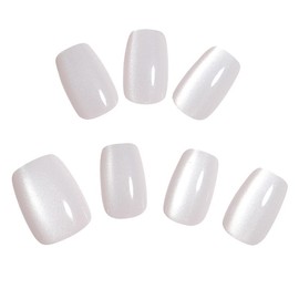 White Press on Nails Short Sqaure Fake Nails Glossy Acrylic False Nails for Cat Eye, Shiny Glitter Nails Press ons Full Cover Glue on Nails Pearl White Ombre Artificial Nails for Women 24 Pcs