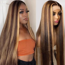 BELE 13x6 Straight Human Hair Lace Front Wigs Highlight Ombre Lace Front Wig Human Hair 180 Density 4/27 Pre Plucked Bleached Knots HD Lace Frontal Wigs For Women 26 Inch