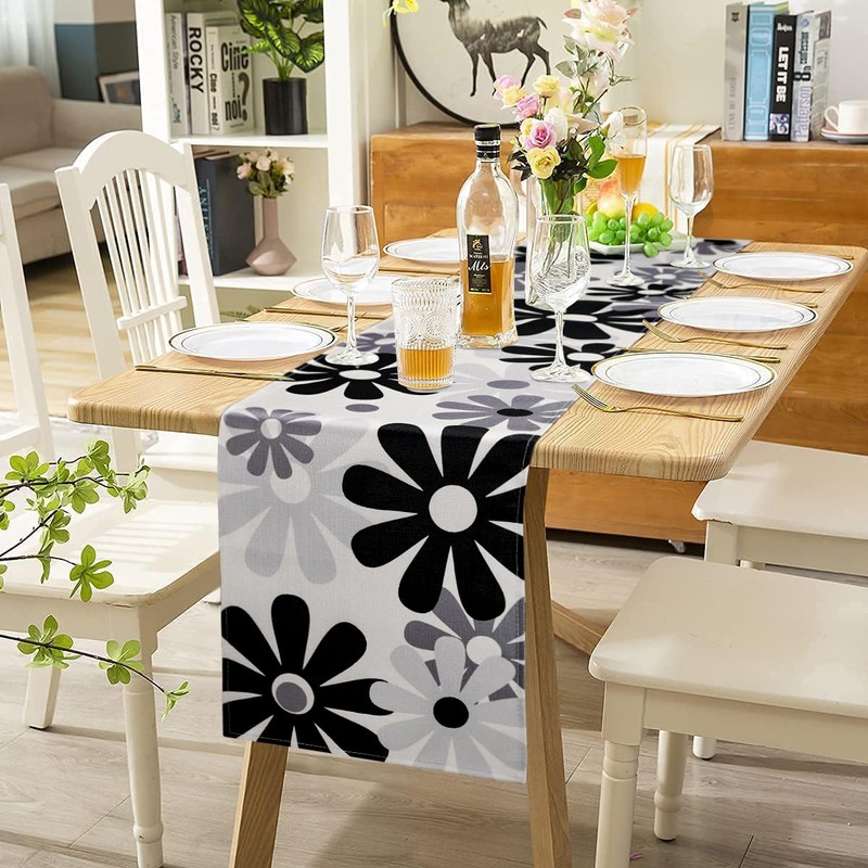 Black Grey Table Runner Modern Floral Table Runner Outdoor Table