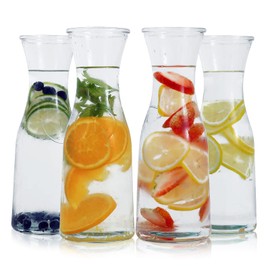 Set of 4 Glass Carafe with Lids, 1 Liter Beverage Pitcher Carafe for Mimosa Bar, Lemonade - 4 Wooden Chalkboard Tags Included